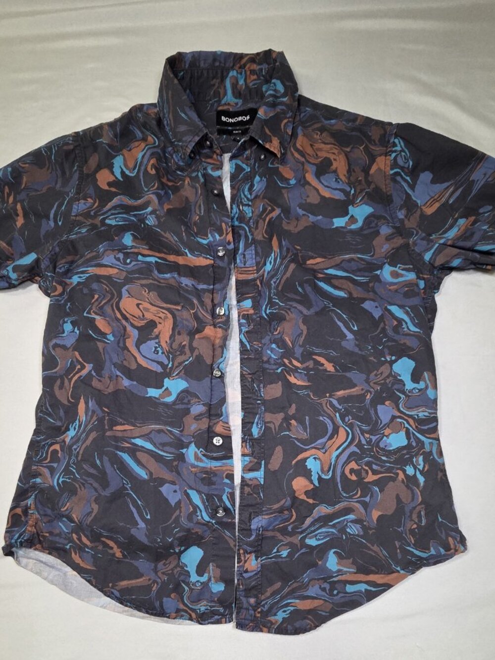 Bonobos Slim Fit Navy Marble Swirl Print Short Sleeve Shirt Mens M Short